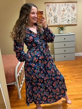 Boden Navy Floral Maxi Dress with Red and Blue Blooms Pockets 8R
